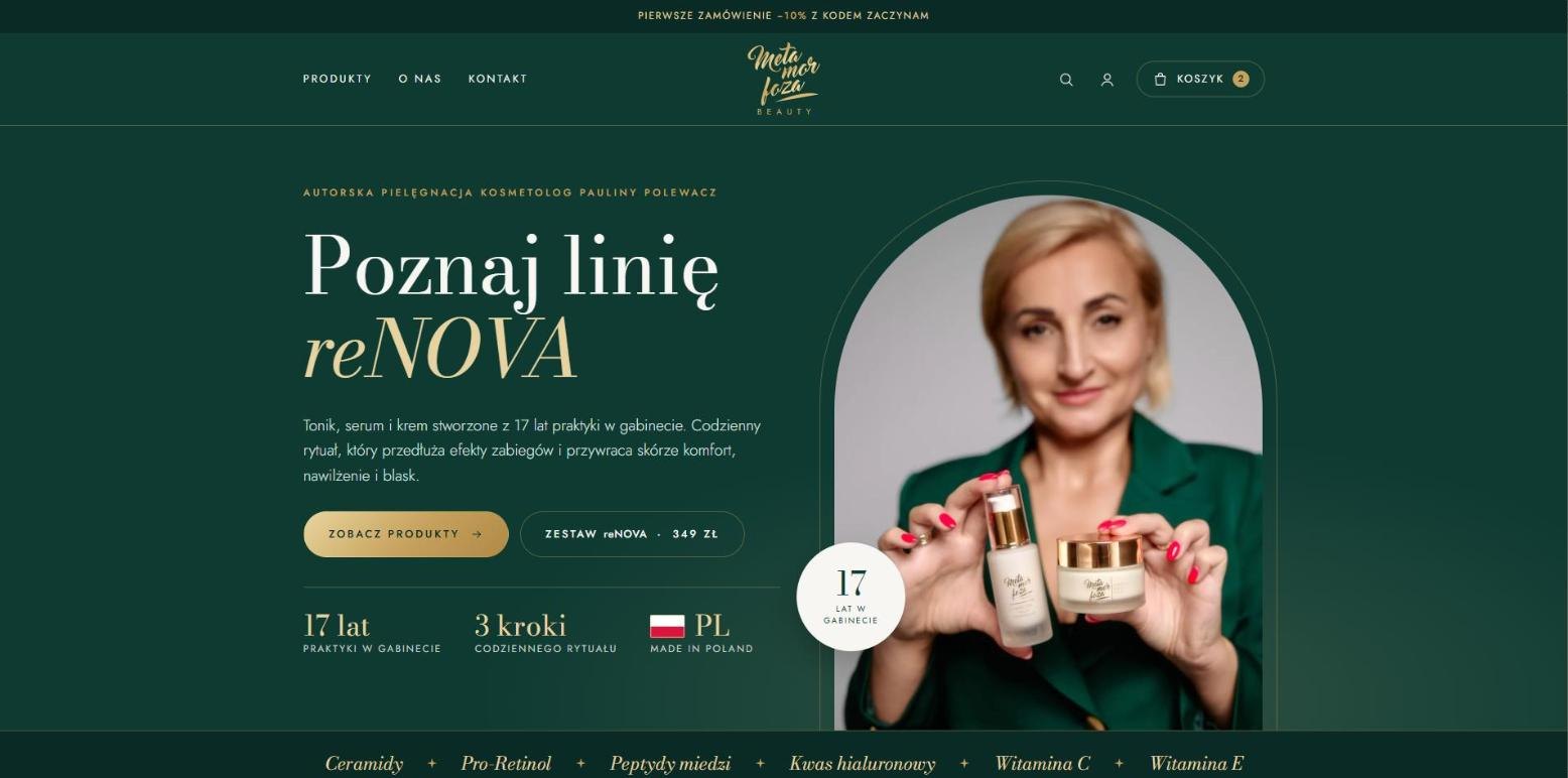 Nowa strona główna sklepu Metamorfoza Beauty z hasłem Poznaj linię reNOVA