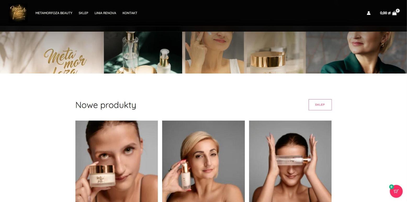 Dawna strona główna sklepu Metamorfoza Beauty z kolażem zdjęć i nagłówkiem Nowe produkty